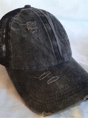 Washed Black Distressed Trucker ponytail Cap